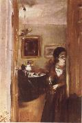 Adolph von Menzel Livingroom with Menzel-s sister oil on canvas